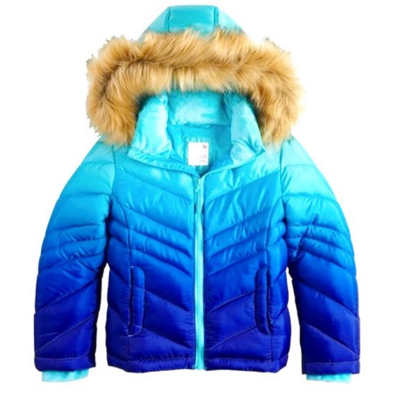 NWt 16 Blue SO dip tie dye ombre winter coat jacket FUR puffer water wind winter - Picture 1 of 12